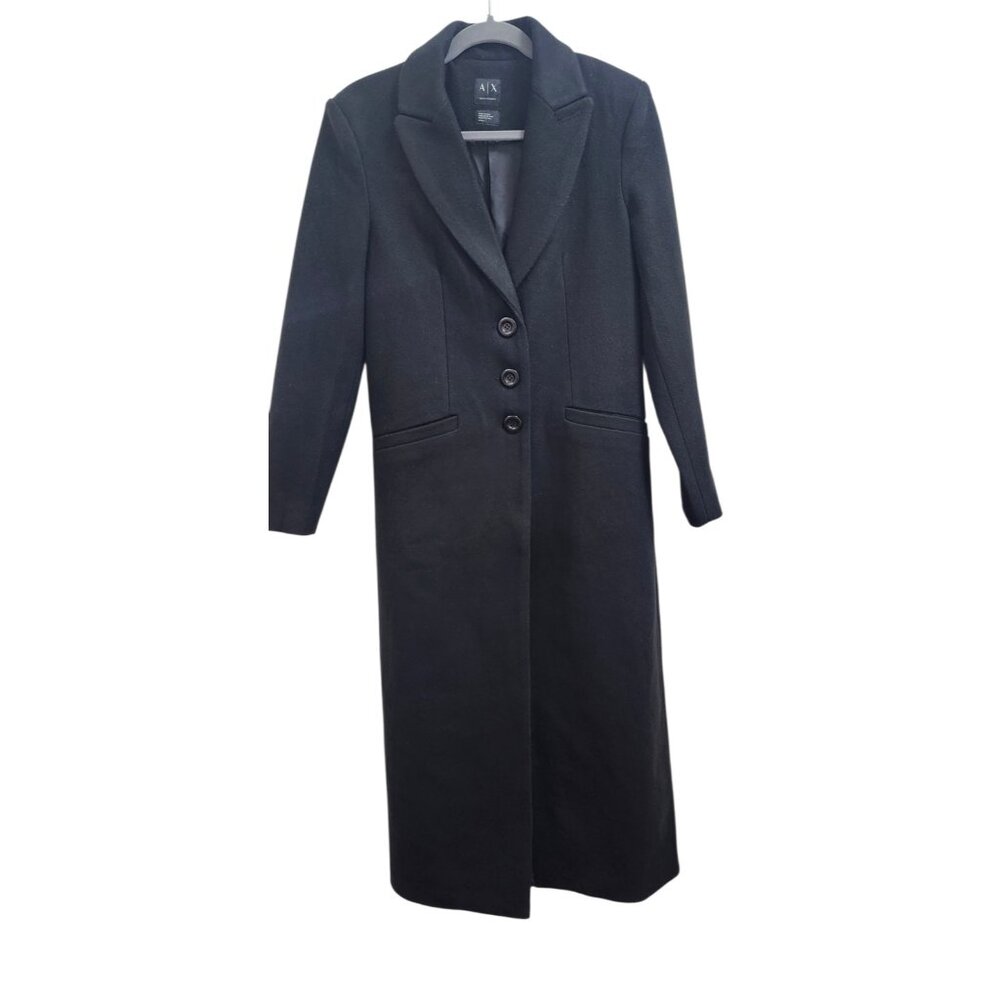 Armani Exchange Black Long Wool Blend Coat Tailored Button Front Women’s Size M - Picture 2 of 15